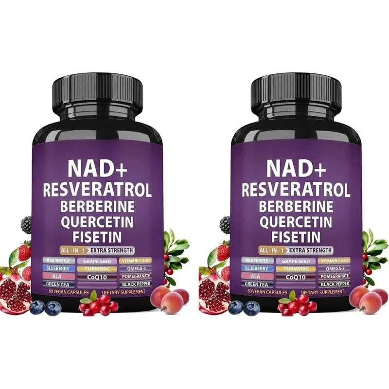 NAD+ Resveratrol Supplement with Berberine Quercetin Fisetin CoQ10 Vitamin C D3 60 Vegan Capsules for Daily Nutrition Support