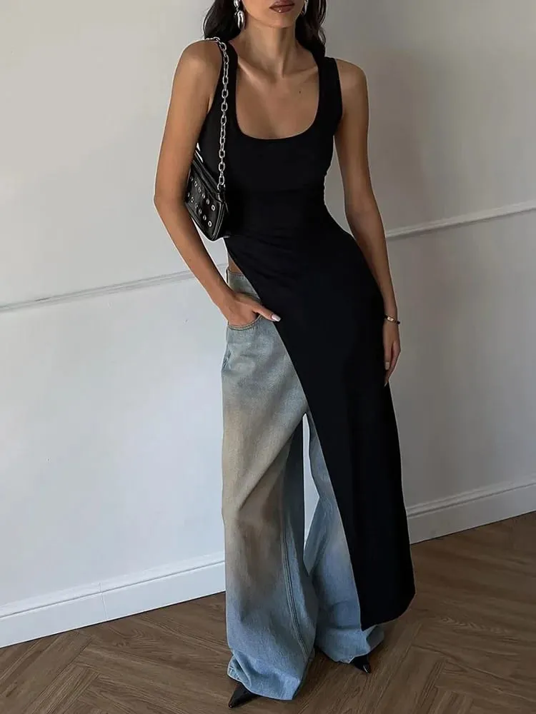 Sexy Sleeveless Side High Split Midi Dress Backless Women's Summer Party Club Streetwear Y2K Style Solid Color