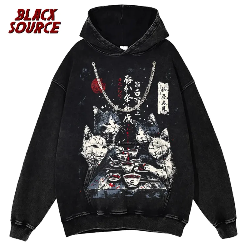 T126 Funny Cat Graphic Hoodie, Japanese Cat Printed Pullover Sweatshirt, Men's Women's Harajuku Casual Streetwear — image 13