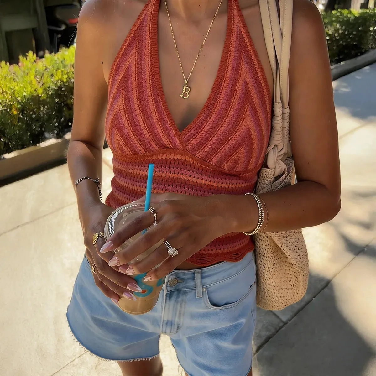 Women Spring Summer Halter Knit Cami Top Deep V Neck Gradient Stripe Sleeveless Cropped Tank Top Casual