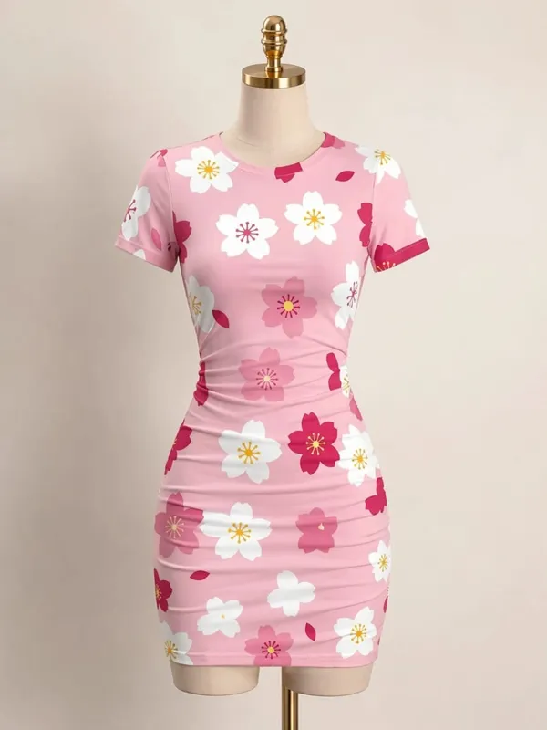 Womens Short Sleeve Bodycon Mini Dress Slim Fit Crew Neck Floral Print Casual Summer Party Cute Elegant Smooth Vacation Sundress — image 13