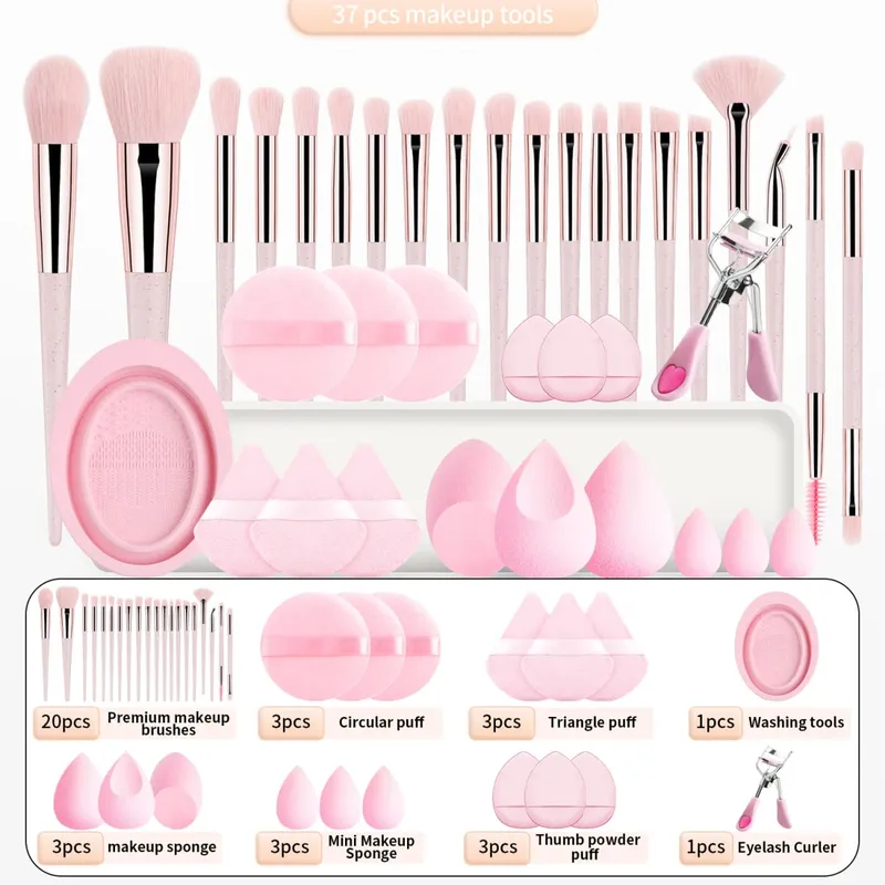 20 makeup brushes+3 round powder puffs+3 triangular powder puffs+3 beauty eggs+3 finger powder puffs+3 mini beauty eggs+1 washin