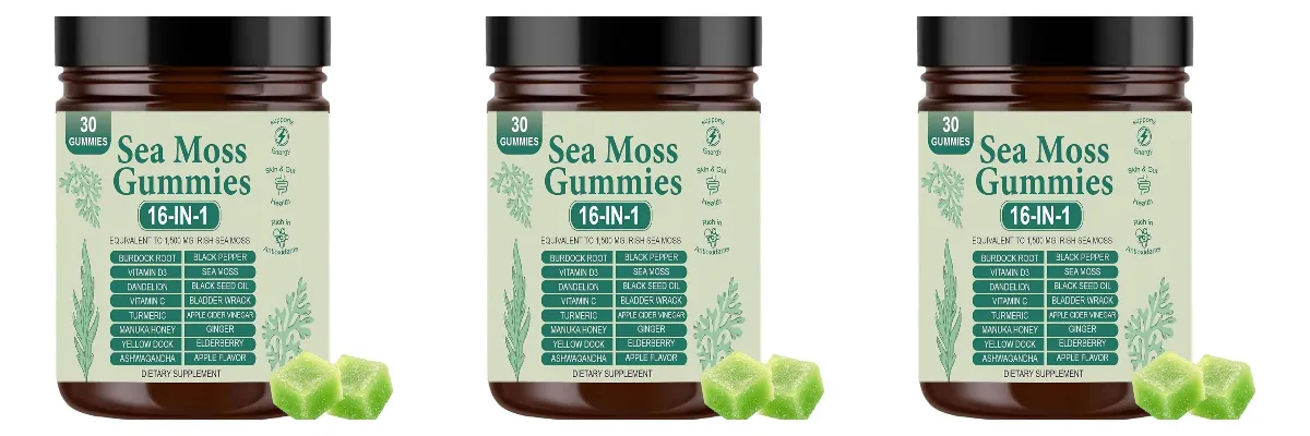 Irish Sea Moss Gummies 1500mg Equivalent 16 in 1 Botanical Blend Apple Flavor Daily Wellness Supplement 30 Count
