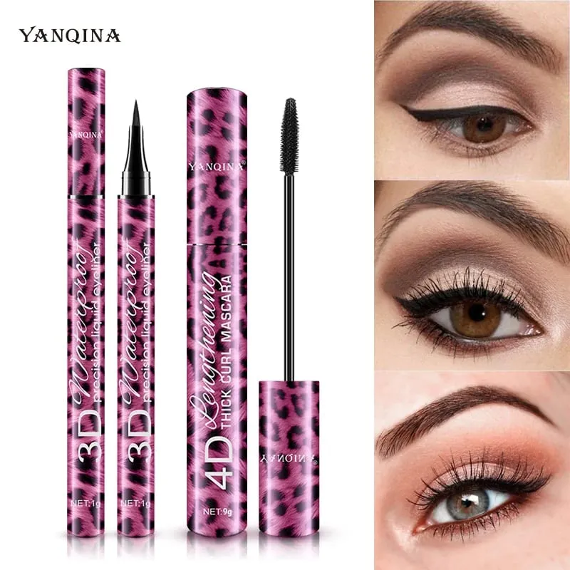 4D Waterproof Mascara & Liquid Eyeliner Set Thick Curling Eye Makeup Cosmetic Kit For Beginners