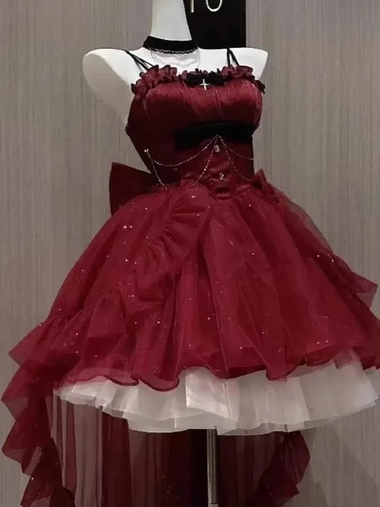 Gothic Red Lolita JSK Dress Women Spaghetti Strap Ruffle Tulle Skirt Chain Bow Decor High Low Hem Vintage Princess Party Dress