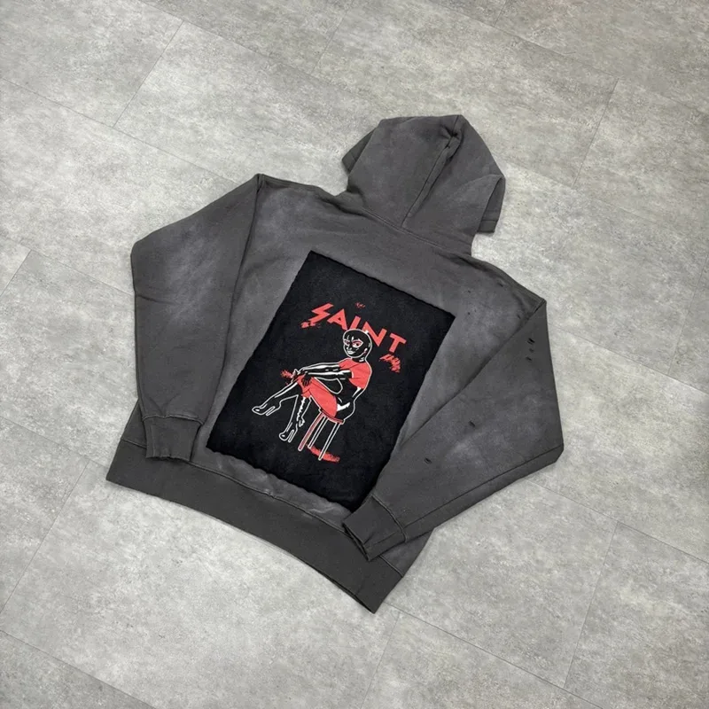 25FW Washed Grey SAINT Hoodies Men Woman Oversize Streetwear Damaged Hooded Pullovers Graphic Print Sweatshirts