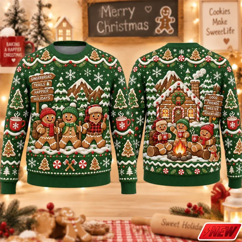 Christmas Ugly Sweater Men Holiday Gift Trendy 3D Print Funny Skateboarding Gingerbread Man House Pattern Pullover Unisex Hoodie