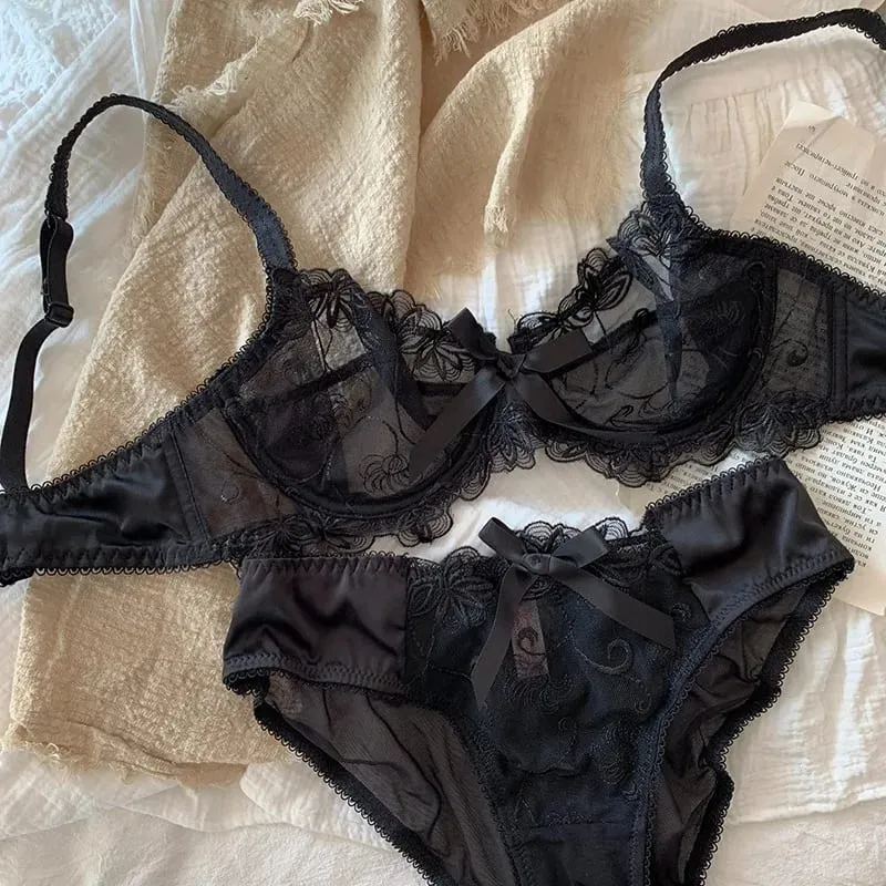 Sheer Non Padded Bralette for Small Boobs Ultra Thin Adjustable Lace Bra Sexy Halterneck Lingerie Set for Women BANERDANNI