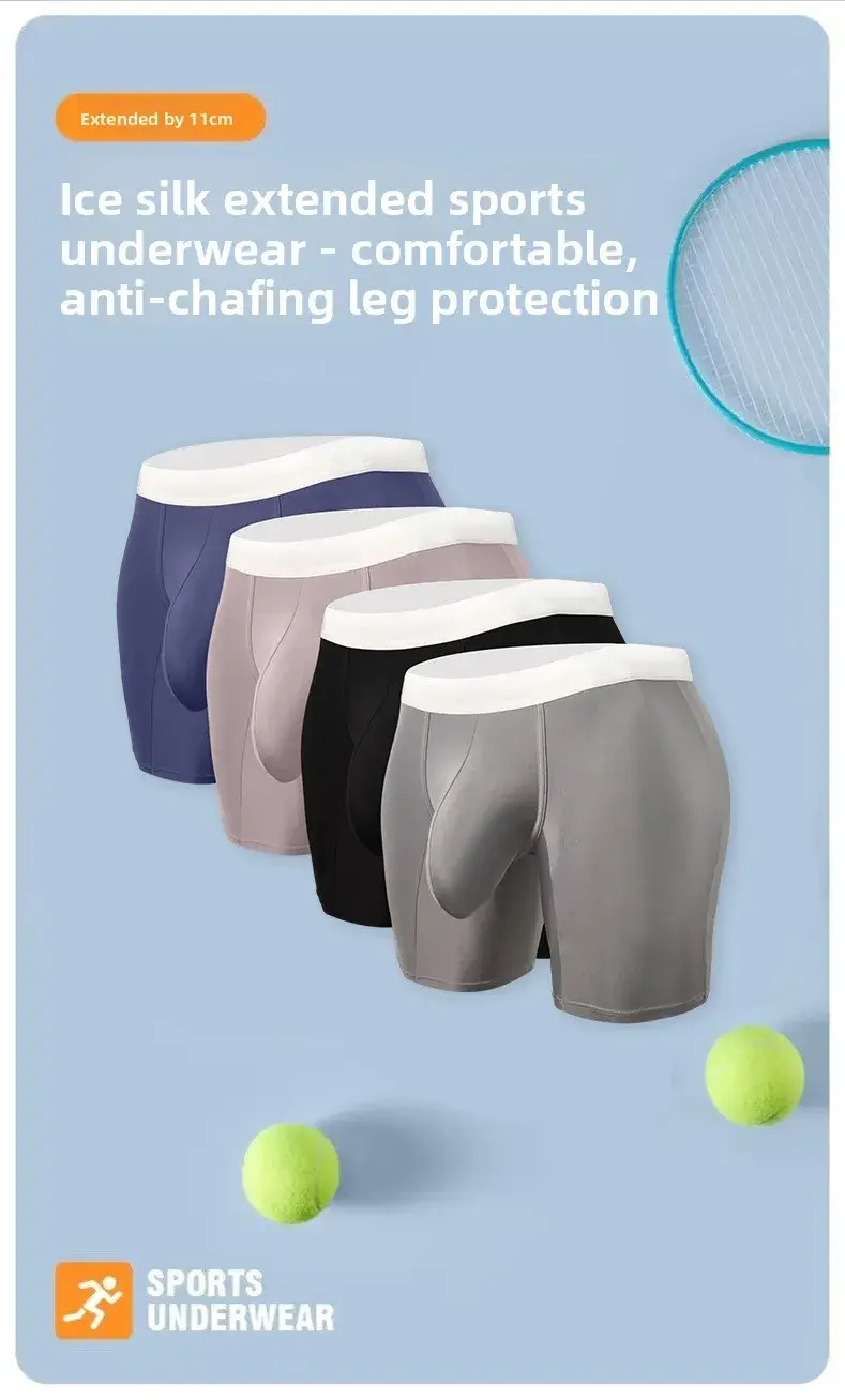 Mens Cool Ice Silk Boxer Briefs Extra Deep Pouch Breathable Long Running Sport Gym Underwear Anti Chafe Free Soft Trunks