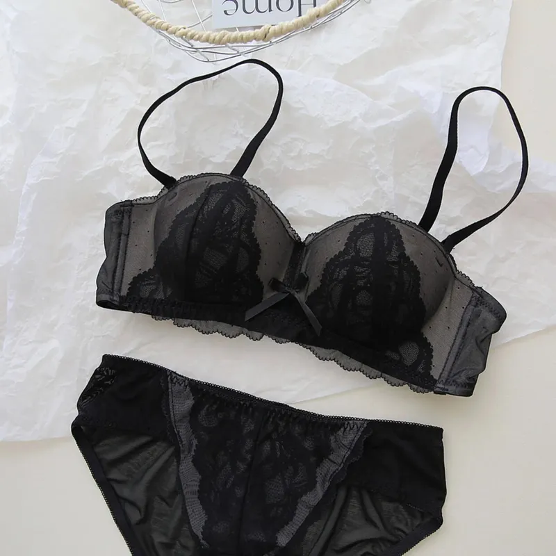 Sexy French Demi Cup Lace Bralette Set Wireless Push Up Bra for Women No Underwire Comfortable Non Padded Sexy Sweet Teen Bra AB