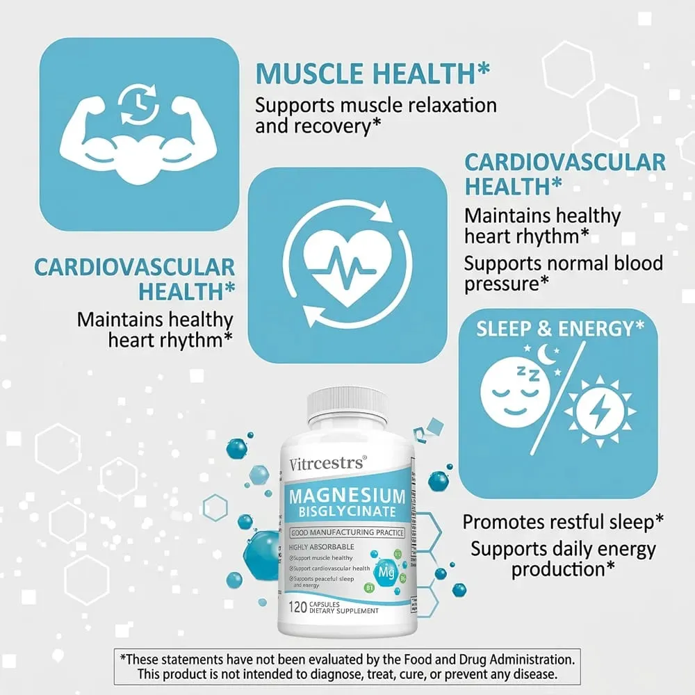 Magnesium Bisglycinate Capsules 450mg Daily Mineral Supplement Support Muscle Joint Cardiovascular and Digestive Body Wellness