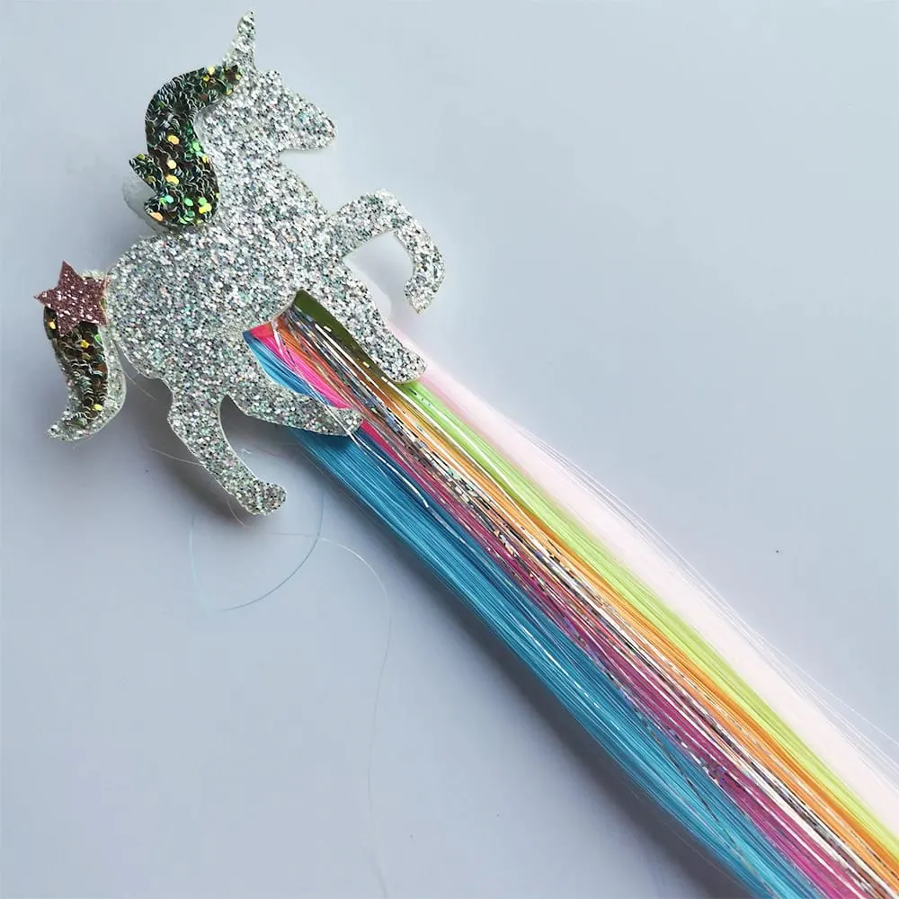6pcs Clip in Curly Hair Extensions Rainbow Color Hairpieces with Cute Alligator Clip Bows for Girls-Great for Gifts Holidays
