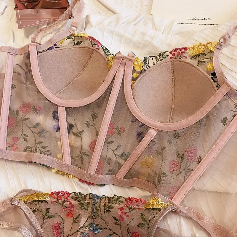Extended Embroidered Bra And Panty Set Floral Lace Women Underwear Sexy Female Thin Cotton Cup Push Up Lingerie Suit