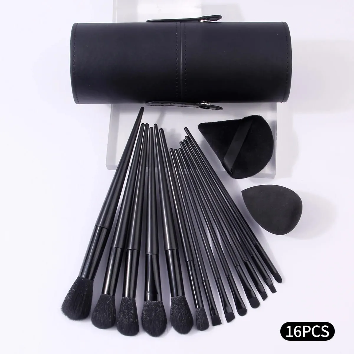 16Pcs Black Makeup Brush Kit with Storage Holder & Powder Puffs Soft Fluffy Brushes Premium Black Synthetic Brushes for Full F