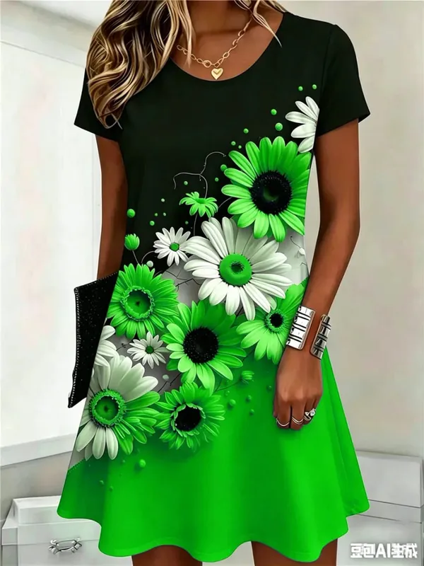 Fashion Street Floral Pattern Women Mini Dresses Summer Short Sleeve 3D Flower Printed Ladies Dress O-Neck Loose Casaul Dress — image 4