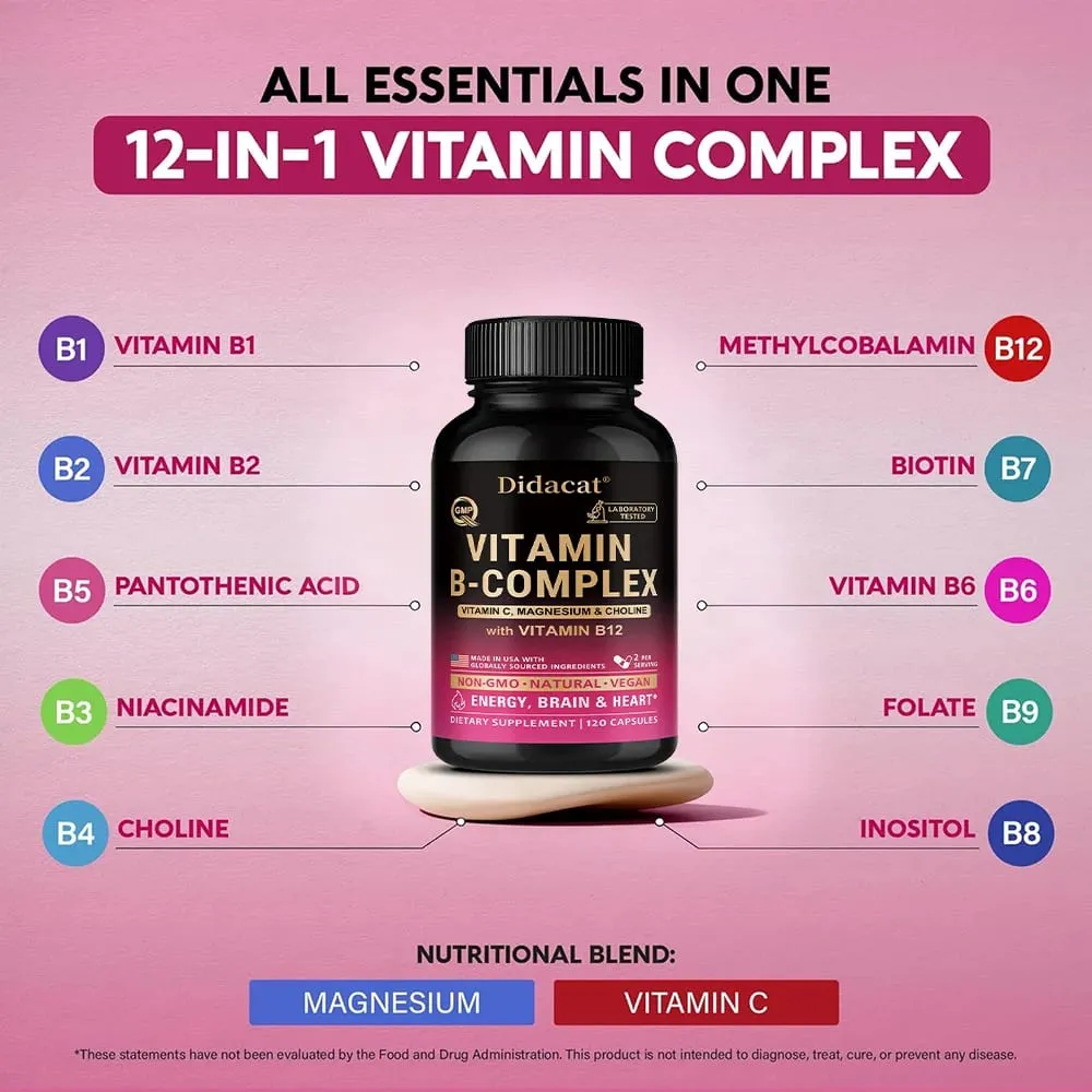 Vitamin B Complex with Vitamin C Choline & Inositol Support Energy Metabolism Nerve Health Cardio Wellness & Immune Defense