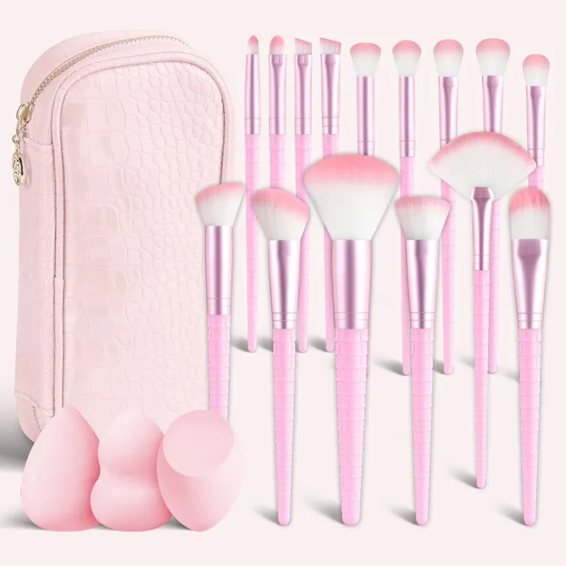 15Pcs Complete Makeup Brush Kit with Bag & 2 Beauty Sponges Face Eye Brushes for Beginners & Artists