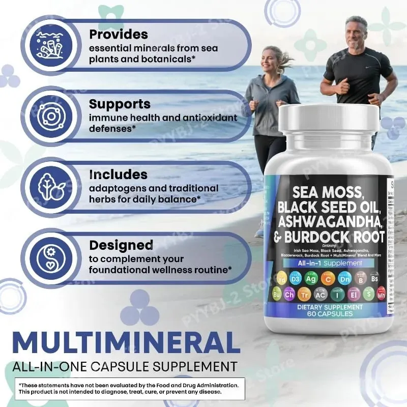 Sea Moss Capsules Contain Black Seed Turmeric & Vitamin D Plant-Based Daily Mineral All in One Supplement 60 Count Per Bottle