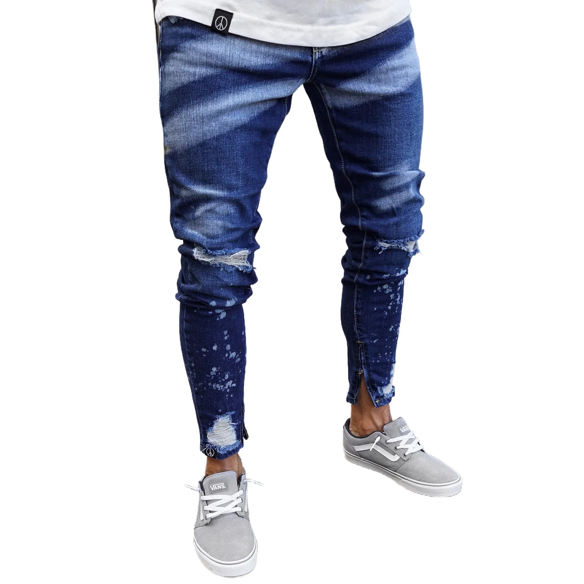 Men Denim Jeans Pencil Pant Vintage Slim Fit High Waist Frayed Hole Wash Trousers Y2k Streetwear Splice Work Casual 2026 Spring