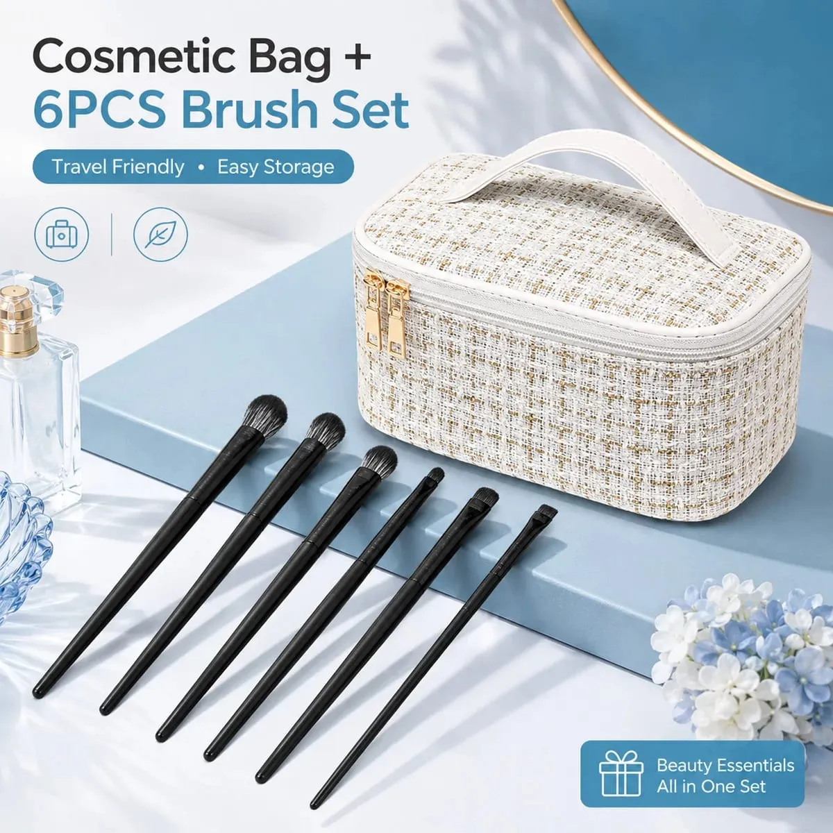 Portable Makeup Brushes 6PCS Set with Tweed Cosmetic Storage Bag Women Beauty Tool Kit for Travel Daily Use Gift