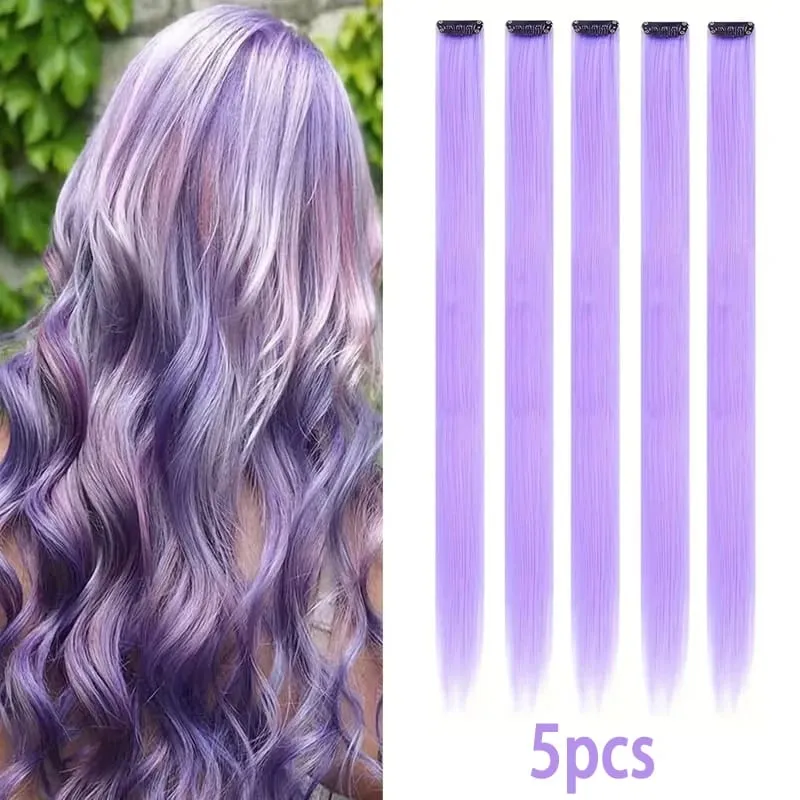 22Inch Synthetic Long Straight 5pcs Clip in Hair Extension Colored Rainbow Hairpieces for Women Daily Use