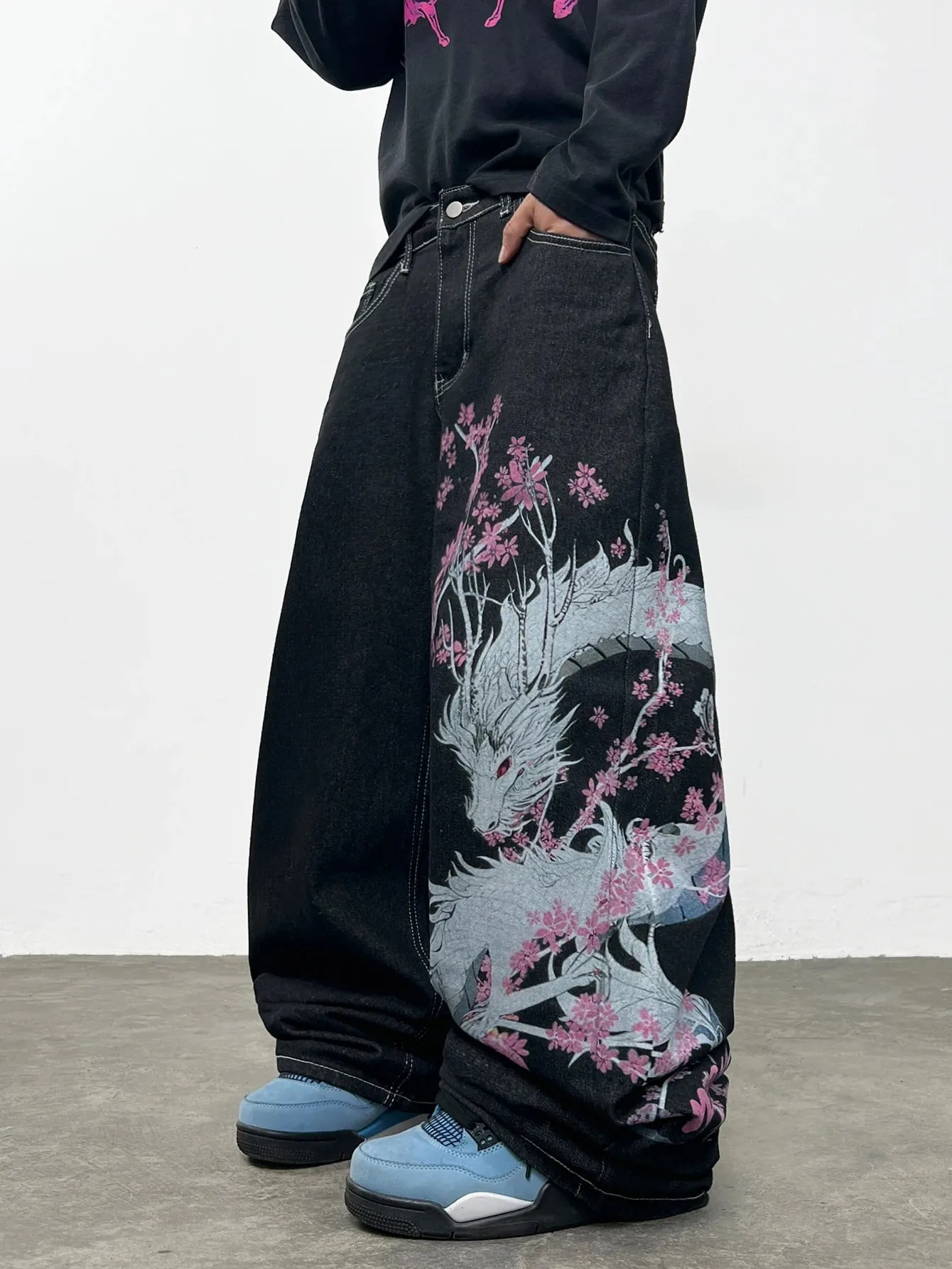 American Retro-Style Printed Dragon Black Baggy Jeans Men Y2K Street Hip-Hop Trendy Versatile Wide-Leg Pants