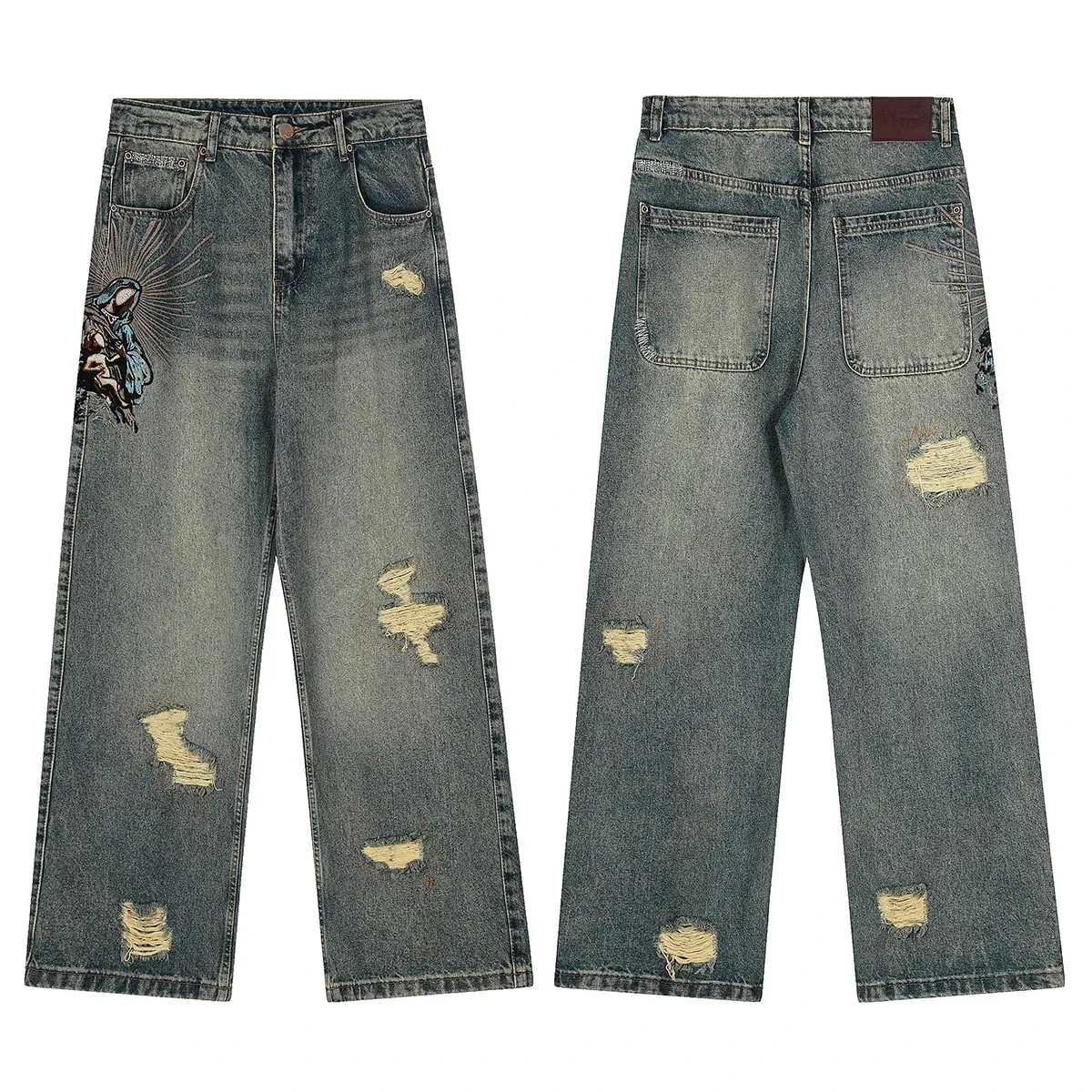 High Street Flower koi Fish Embroidery Baggy Jeans Pants for Men and Women Pantalones Hombre Straight Denim Trousers Oversized