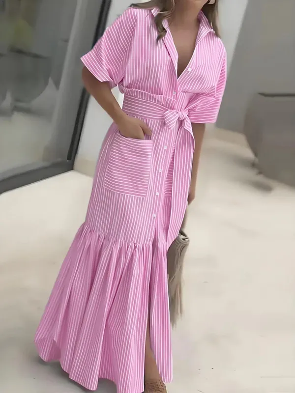 Striped Short Sleeved Loose Mid Length Lace Up Waist Dress With Single Breasted Pocket Shirt Dresses For Women Ropa Mujer