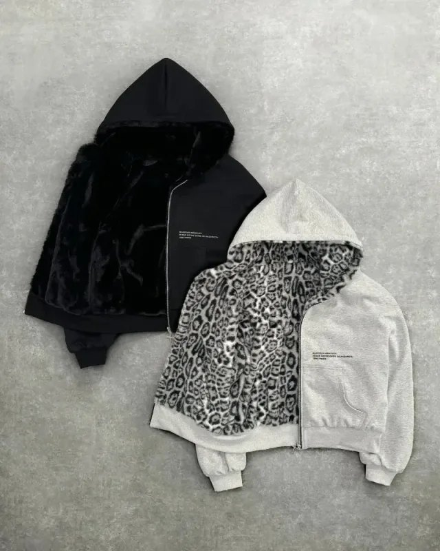 Hip-hop New Two-sided Clothing Harajuku Retro Leopard Print Fashionable Loose Zipper Hoodie Men Street Casual Sweatshirt Women
