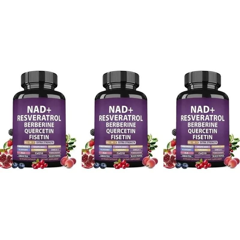 NAD+ Resveratrol Supplement with Berberine Quercetin Fisetin CoQ10 Vitamin C D3 60 Vegan Capsules for Daily Nutrition Support