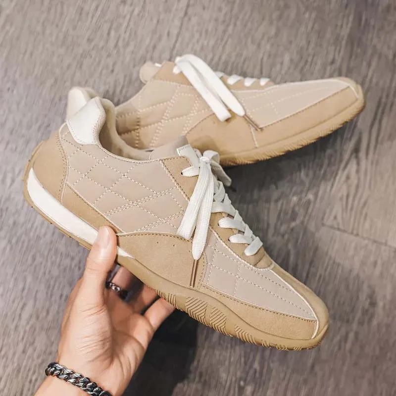 Spring Summer Men Sneakers Retro Suede Texture Stitching Casual Shoes Lace Up Flat Board Shoes Minimalist Lightweight Footwear