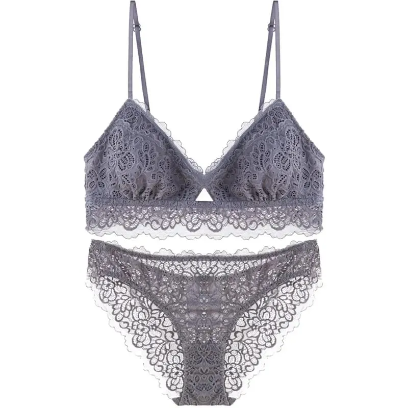 triangle full lace wire free pullover cotton Brassiere with pad and panties small underwear sets hollow out comfortable
