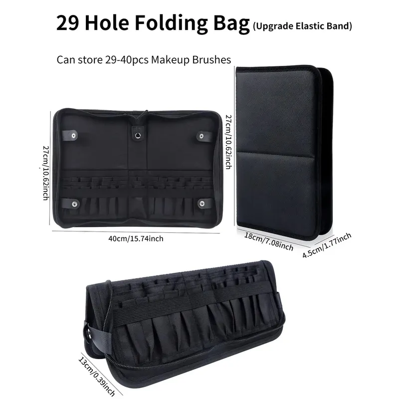 High Quality 14/23/29 Holes PU Cosmetic Makeup Brushes Pouch Portable Black Waterproof Oxford Beauty Brush Bag Organizer