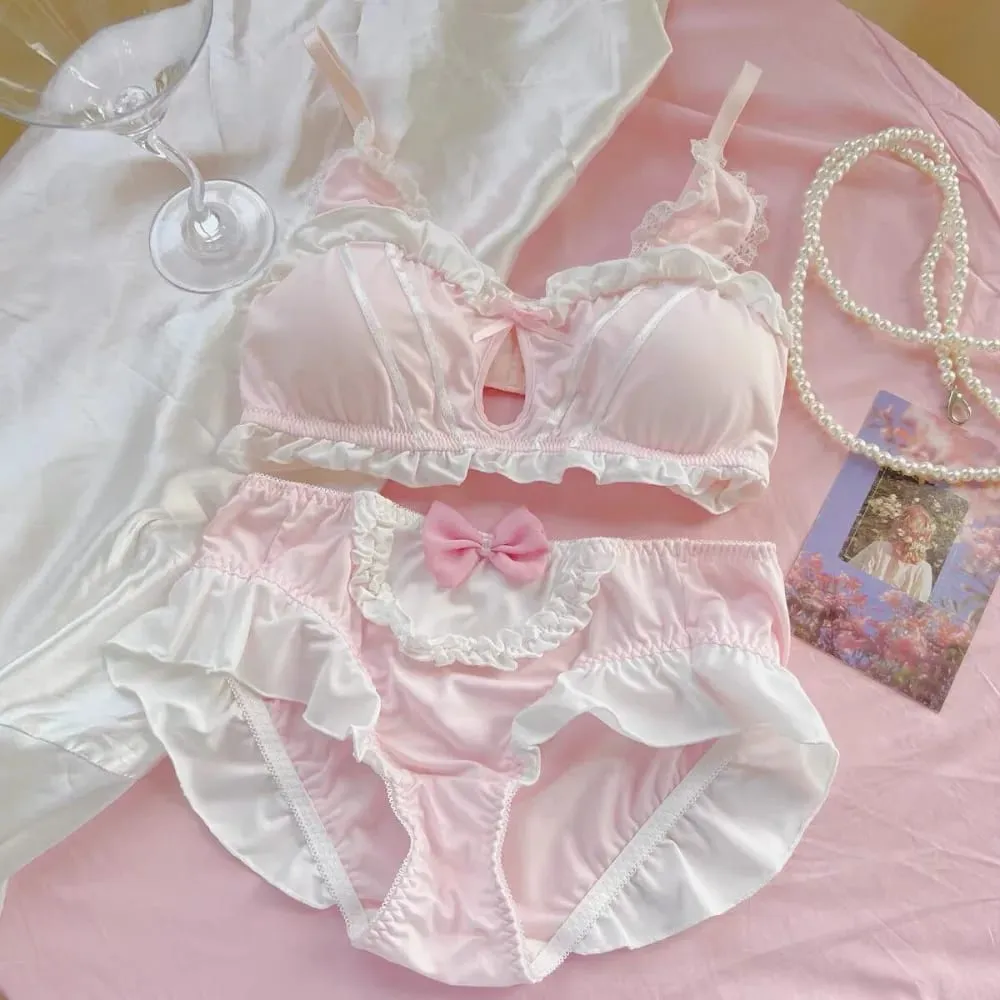 Japanese soft girl cute girl rabbit ears underwear small chest flat chest thin without steel ring triangle cup bra set 32-38AB
