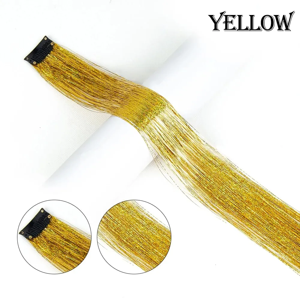 Straight Rainbow Colored Party Highlights Clip On In Hair Extensions Bling Hair Piece Synthetic Hairpieces Sparkling Tinsel Red — image 8