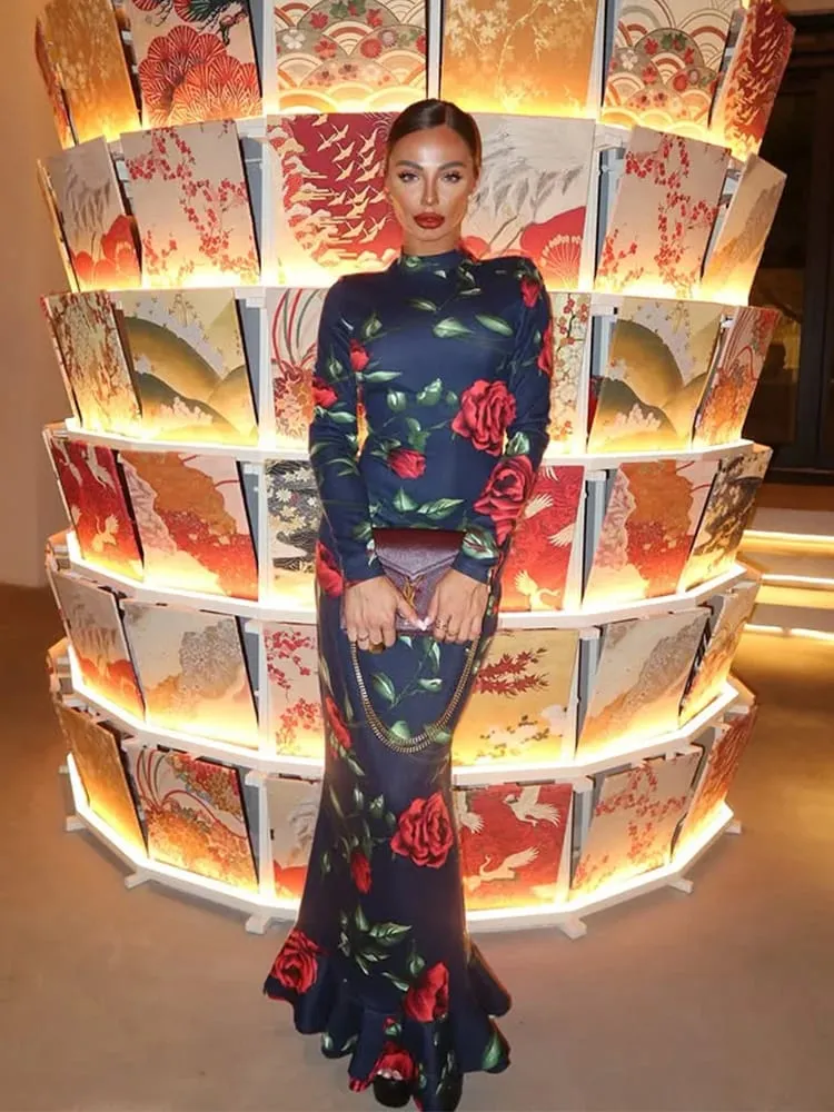 Flower Prints O Neck Women Dresses Sheath Trendy Fashion Elegant Evening Party Outfits Female Bodycon Long Sleeve Robes