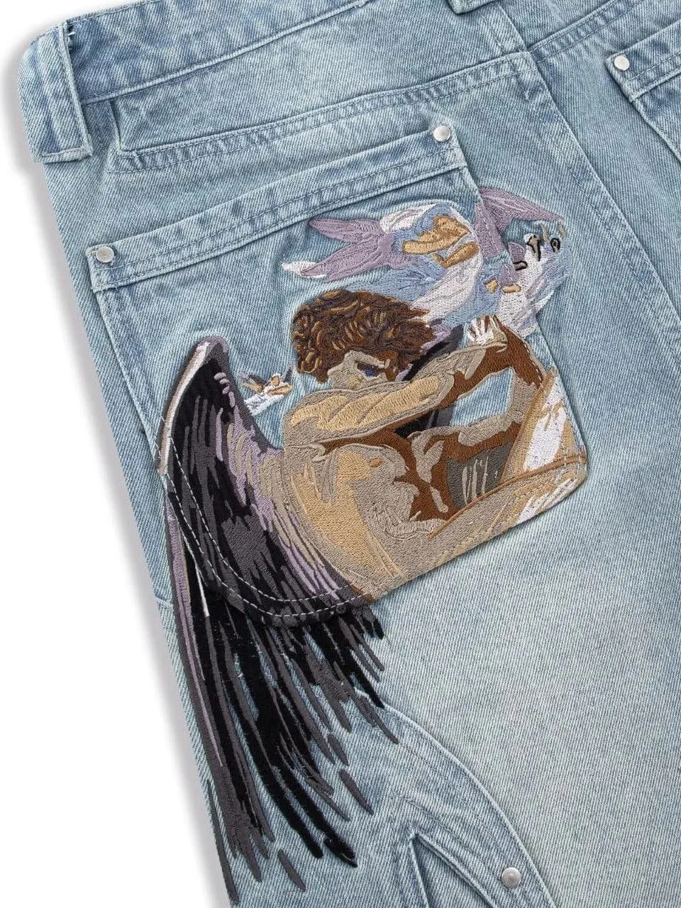 Y2K Black Baggy Cargo Jeans Men Horse Back Pocket Embroidery Cursive Wild Ride Distressed Cut Out Wide Leg Casual Denim Trouser