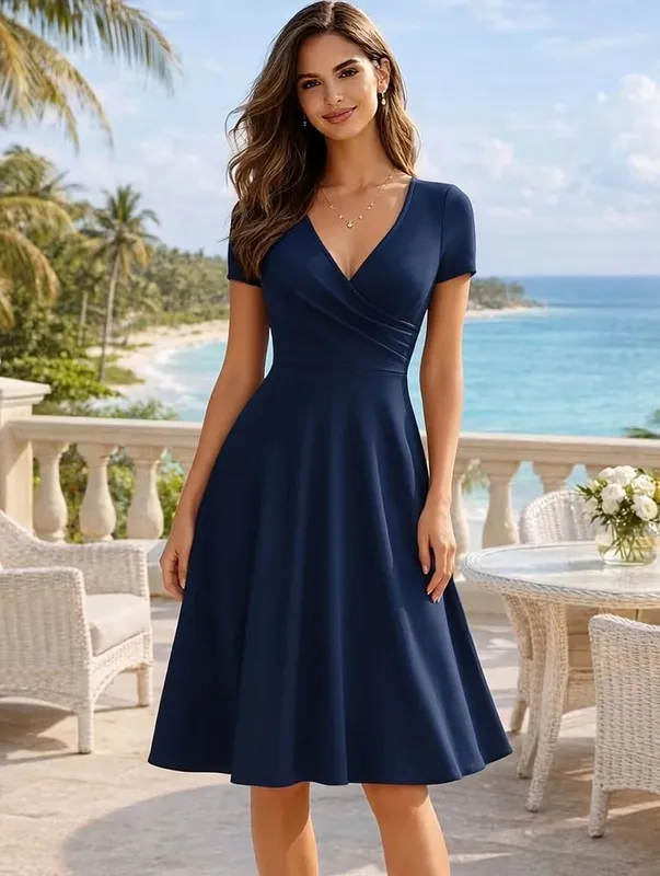 Women's Elegant Round Neck Summer Short Sleeve Solid A-Line Knee-length Dress High Waist Swagger Party Wedding Casual Departure