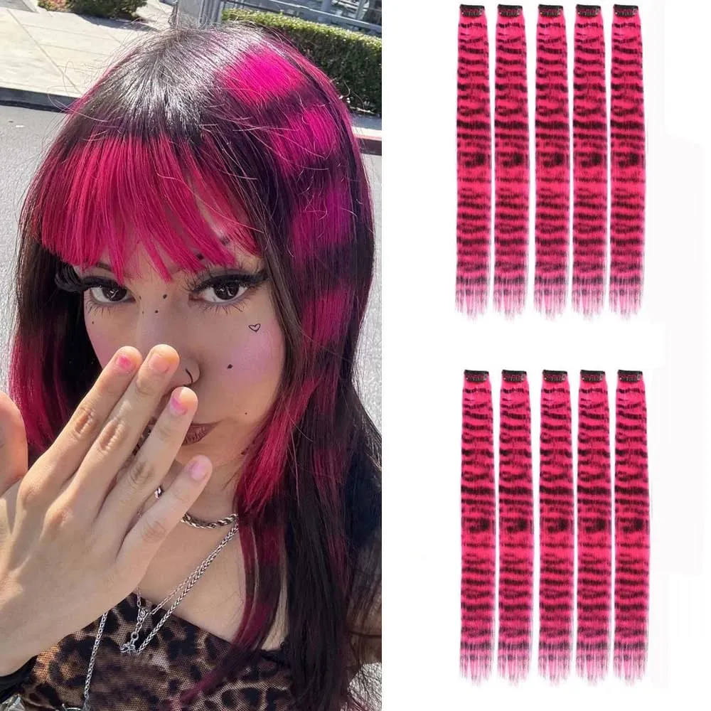 10pcs/set Stripe Printed Hair Colorful Long Straight Hair Pieces Synthetic Clip-in Hair Extensions for Daily Use Party Christmas