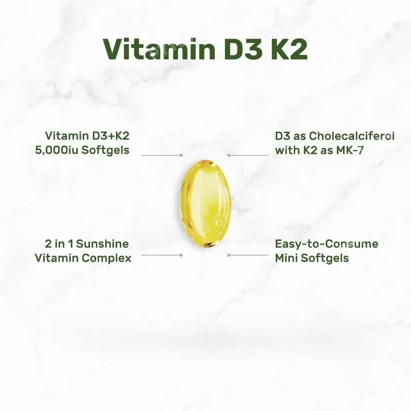 Vitamin D3 + K2 MK7 Softgels 250 Count 2-in-1 Complex Non-GMO Soy-Free Gluten-Free Bone Health Support Immune System Booster