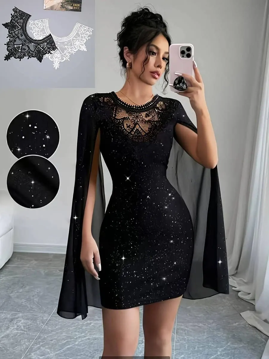Women Black Glitter Bodycon Mini Dress Lace Crew Neck Sheer Cape Sleeve Slim Party Club Evening Cocktail Short Dress