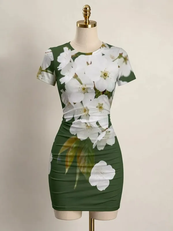 Womens Short Sleeve Bodycon Mini Dress Slim Fit Crew Neck Floral Print Casual Summer Party Cute Elegant Travel Vacation Sundress
