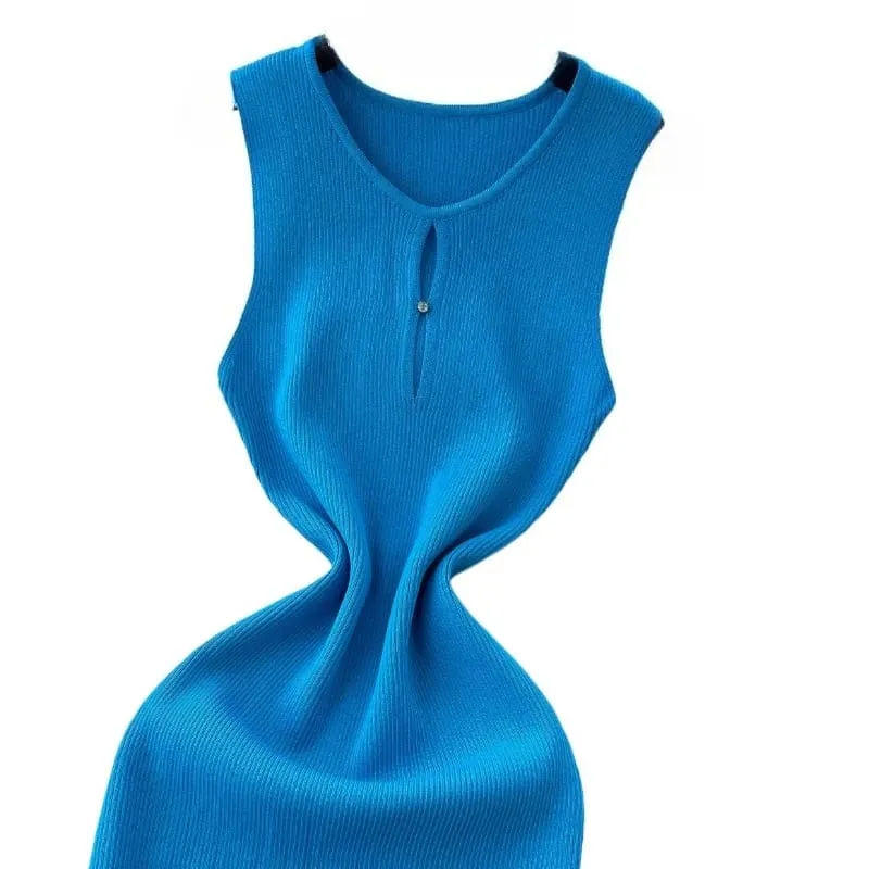 Women's Solid Summer Blue Pink Midi Dress Sleeveless Stretchy Knit Ribbed Keyhole Cutout Bodycon Sundress Party Vacation Dress