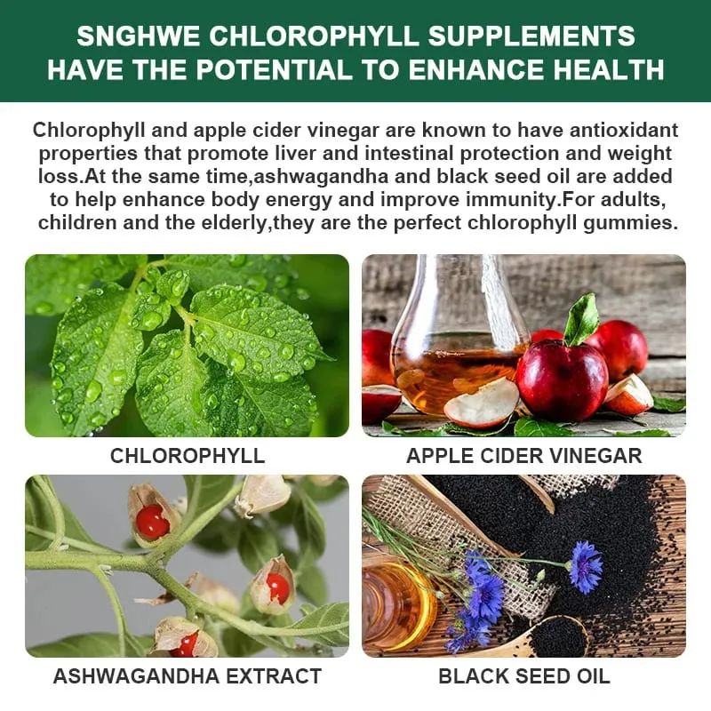 Chlorophyll-Gummis – mit ACV Vitamin D3 C E B12 – natürliches Deodorant, Energie, Stärkung des Immunsystems und Unterstützung der Verdauung, vegan, 60 Bonbons