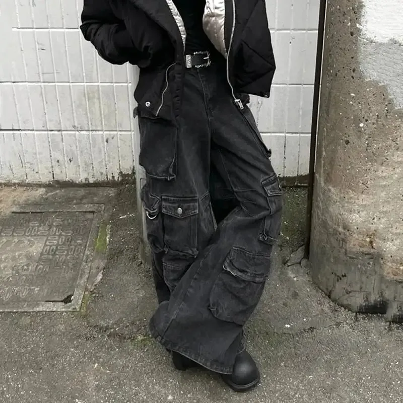 American Style Men Denim Pants Solid Color Multi-pocket Cargo Trousers Straight Wide Leg Loose Male Jeans Menswear 24K3020