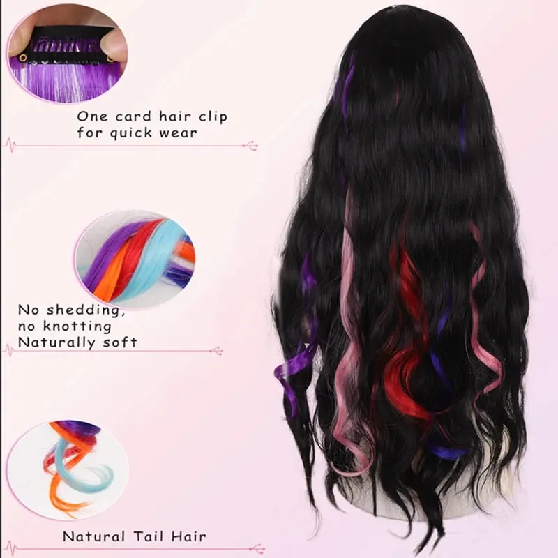 2PCS Rainbow Mixed Color Clip In Hair Extensions 20 Inch Curly Synthetic Hair for Girls Women Halloween Cosplay Party
