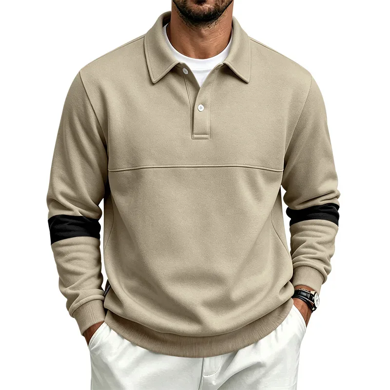 Men Lapel Polo Sweatshirt, Color Block Long Sleeve Pullover, Loose Solid Casual Top for Spring Autumn Daily Outfit