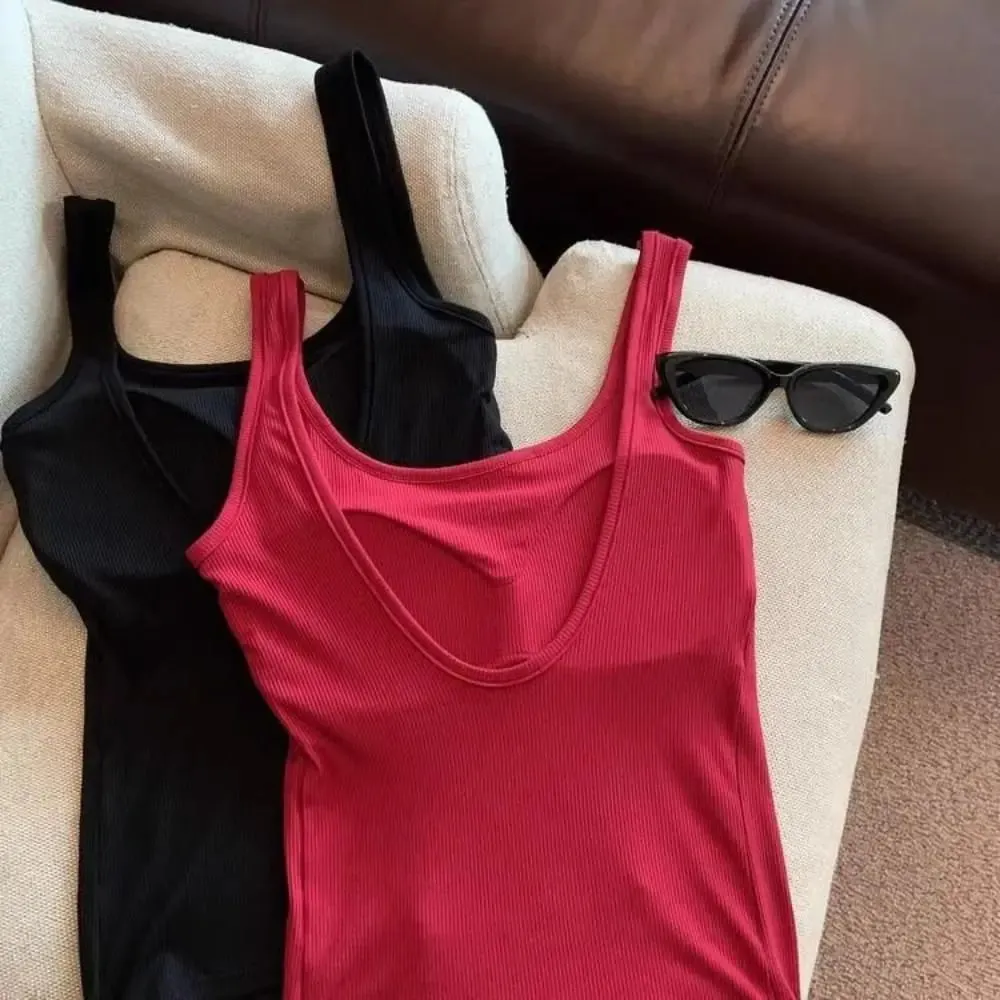 Fashion Solid Color Bodycon Top Sleeveless with Chest Pad Camisole Clubwear Backless Tank Top for Women