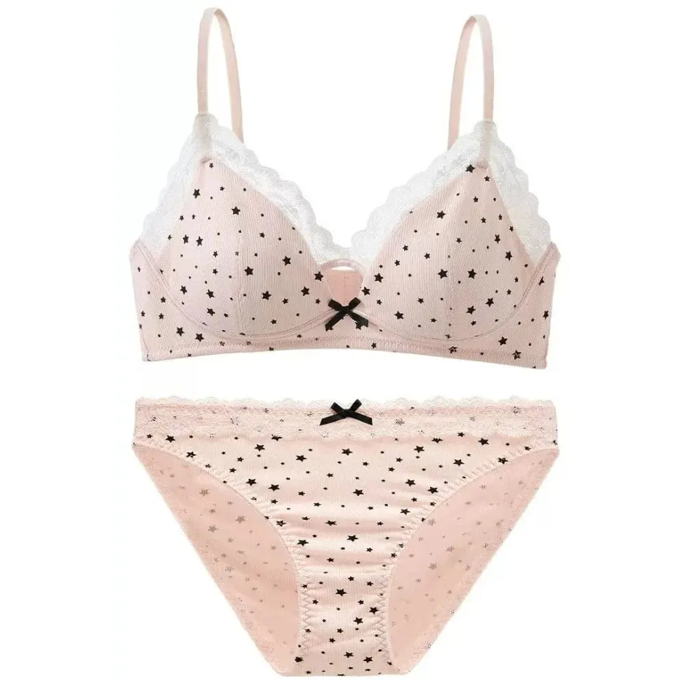 Women No Underwire Bra Set Soft Support Push‑Up For Small Bust Prevent Sagging & Side Spread Sweet Girly Style Lingerie 32‑38