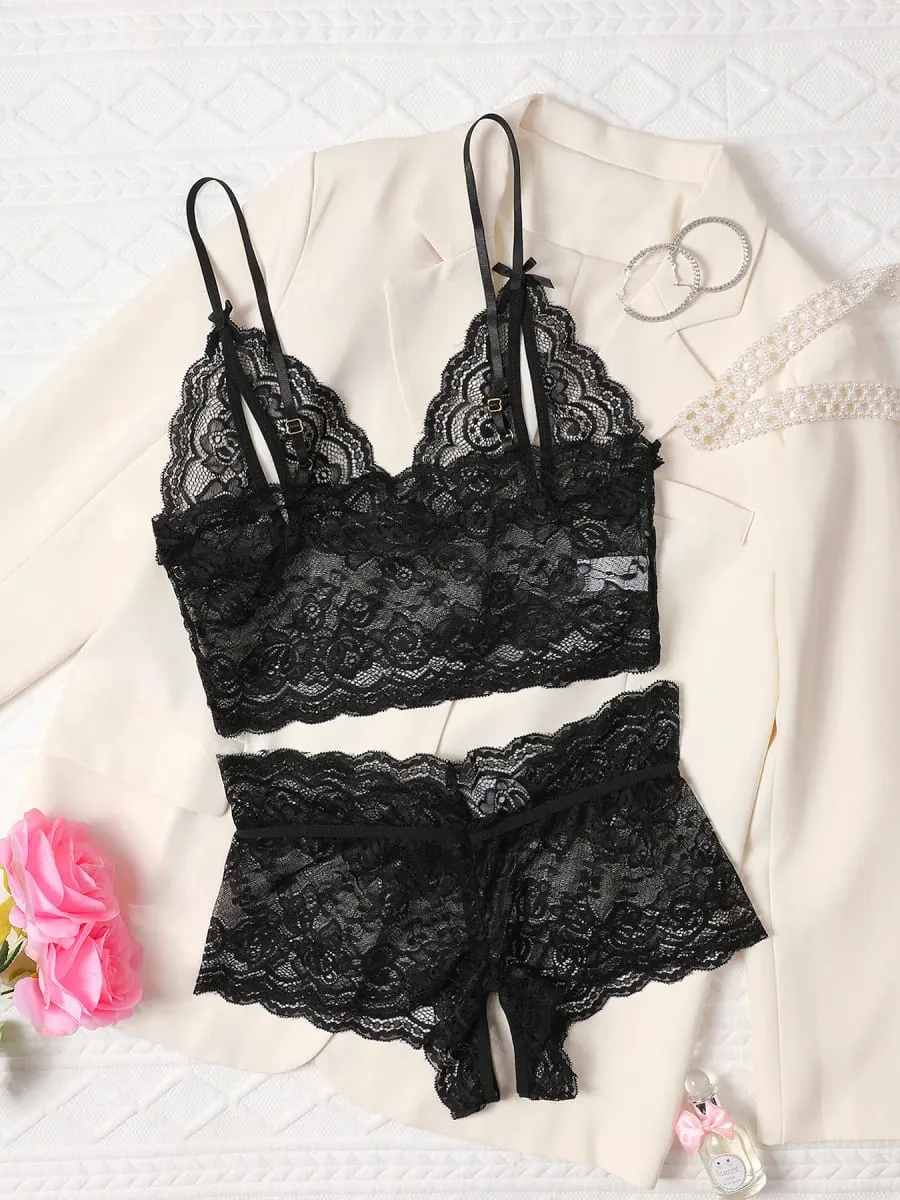 Open Bra 2 Pcs Women Lace See-Through Pajama Black Cute Clothes Comfortable Breathable Suspender Shorts Bra And Brief Set Hollow